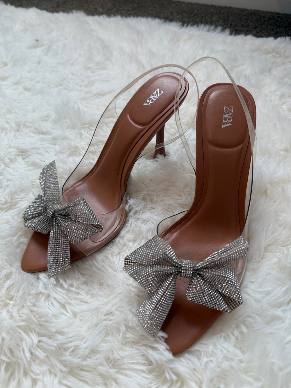 ZARA Brown Leather-Look Slingback Heels with Silver Crystal Bow